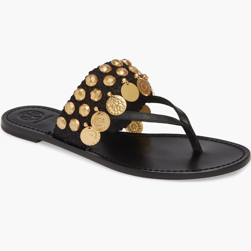 Size 8 NWT Tory Burch Patos Coin Thong Sandal - Black with Gold Accents